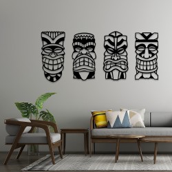 4’lü Tiki Maske MDF Duvar Dekoru – Etnik ve Modern Tasarım
